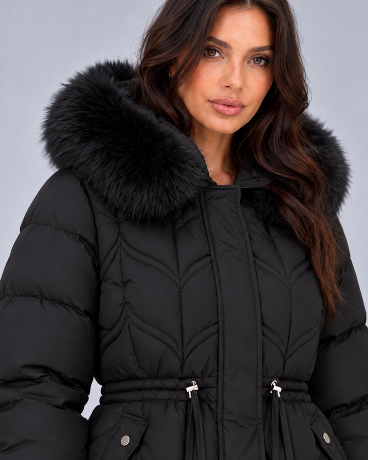 Women’s Faux Fur Hooded Puffer Coat | Quilted Drawstring Winter Parka Jacket