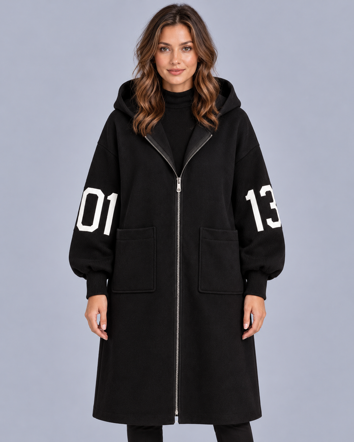 Women's Longline Hooded Coat with Knit Sleeves
