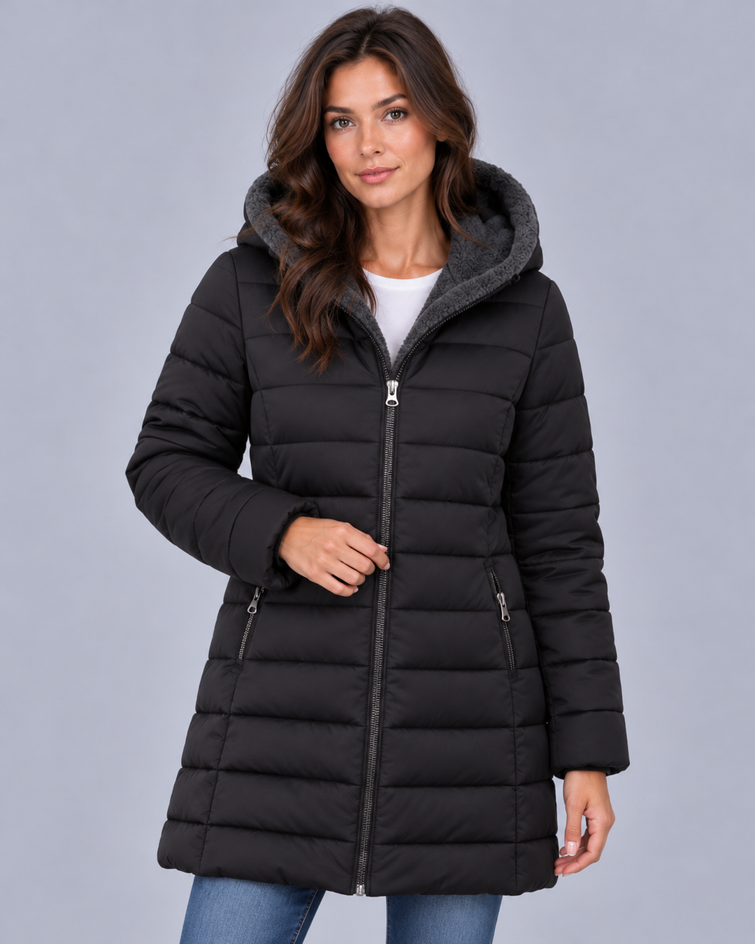 Women's Fleece Lined Quilted Coat with Hood