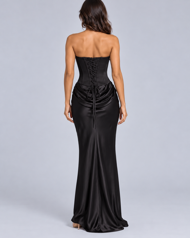 Women's Strapless Satin Corset Maxi Dress