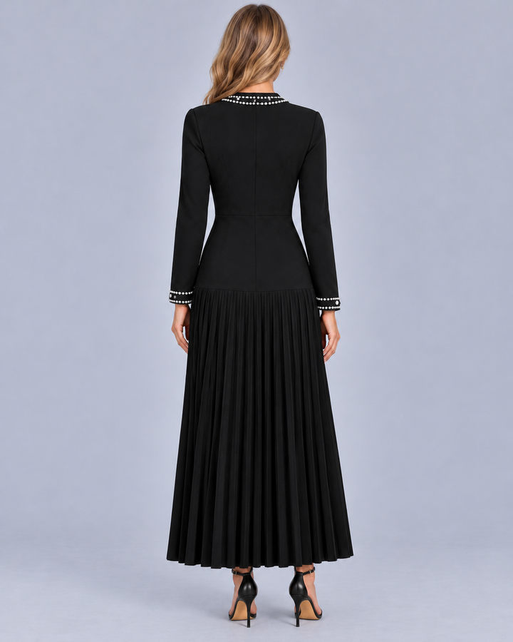 Women's Pleated Maxi Dress with Pearl Trim