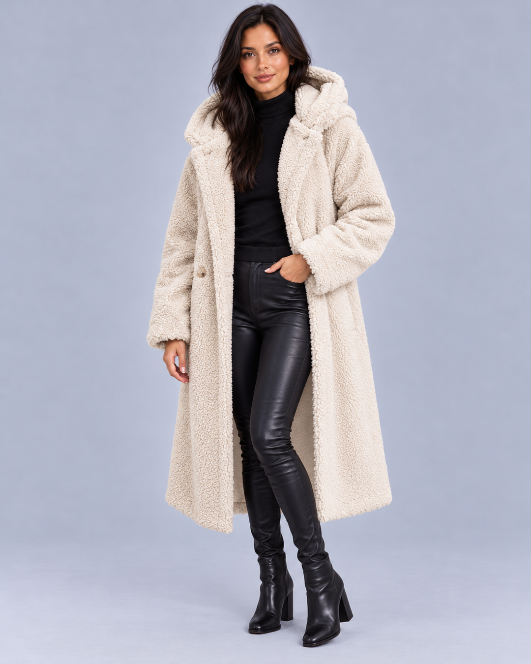 Women's Longline Teddy Coat with Hood