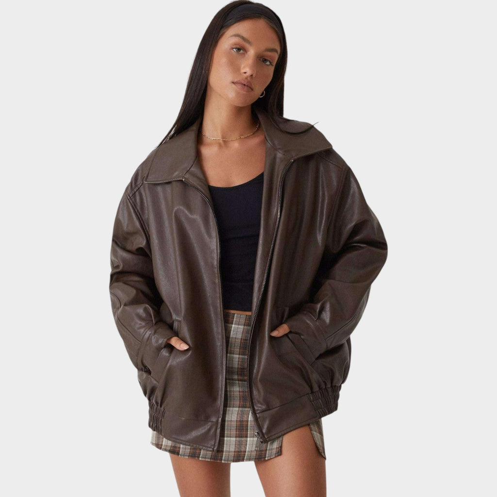 Women's Oversized Faux Leather | Casual Zip-Up Bomber Jacket